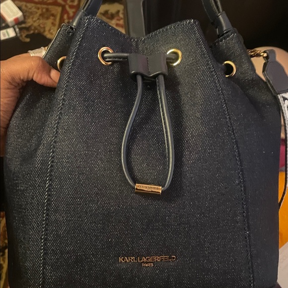 Karl Lagerfeld Dark Denim Bucket Bag with Gold Accents - Picture 1 of 6